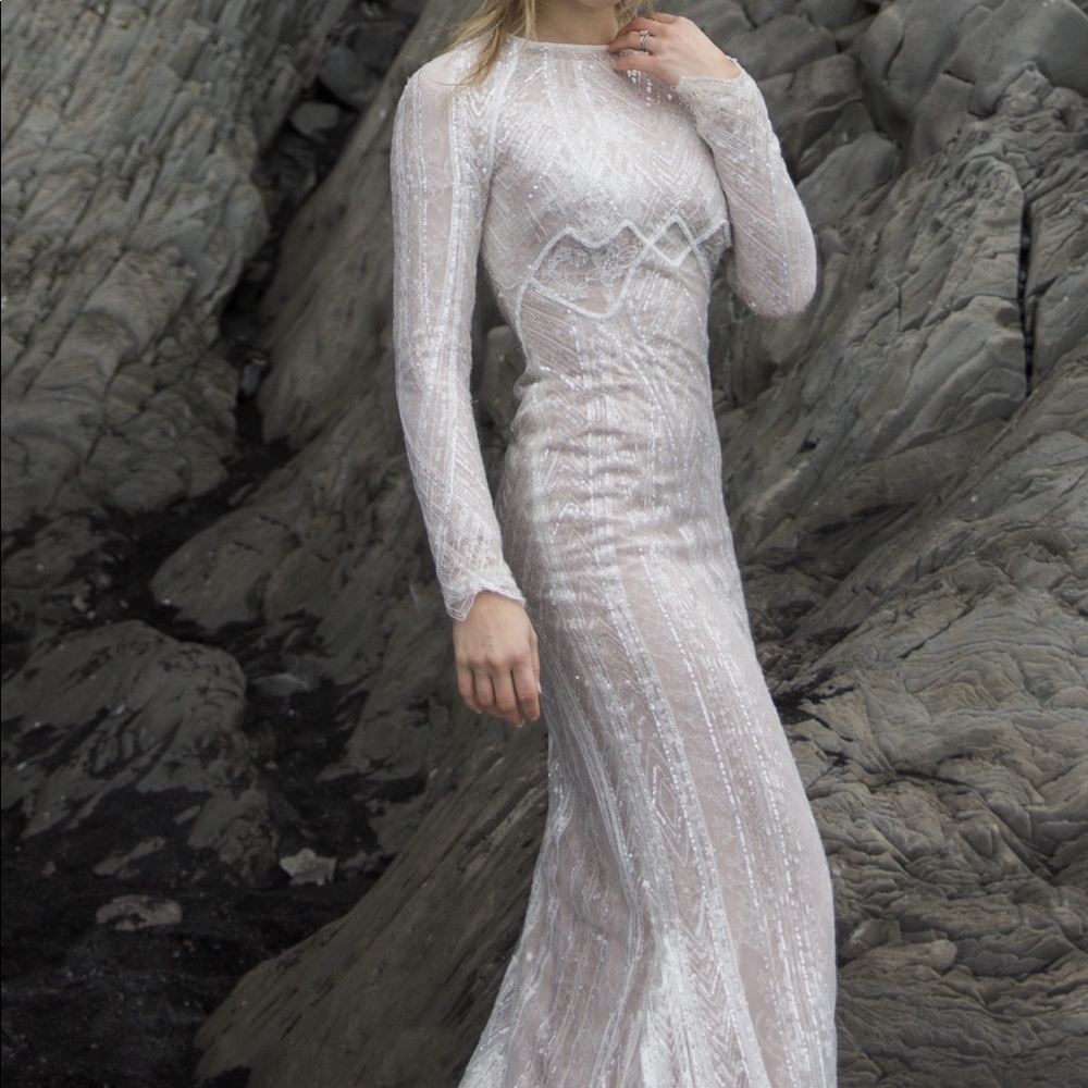 YOLAN CRIS LONG SLEEVE WEDDING DRESS, FULLY BEADED + LACE UNDERLAY